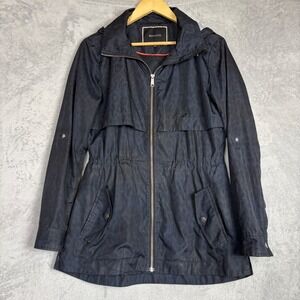 ✨ 2/$35 RW&CO Anorak Jacket Small Navy Blue Leopard Print Hooded‎ Lightweight